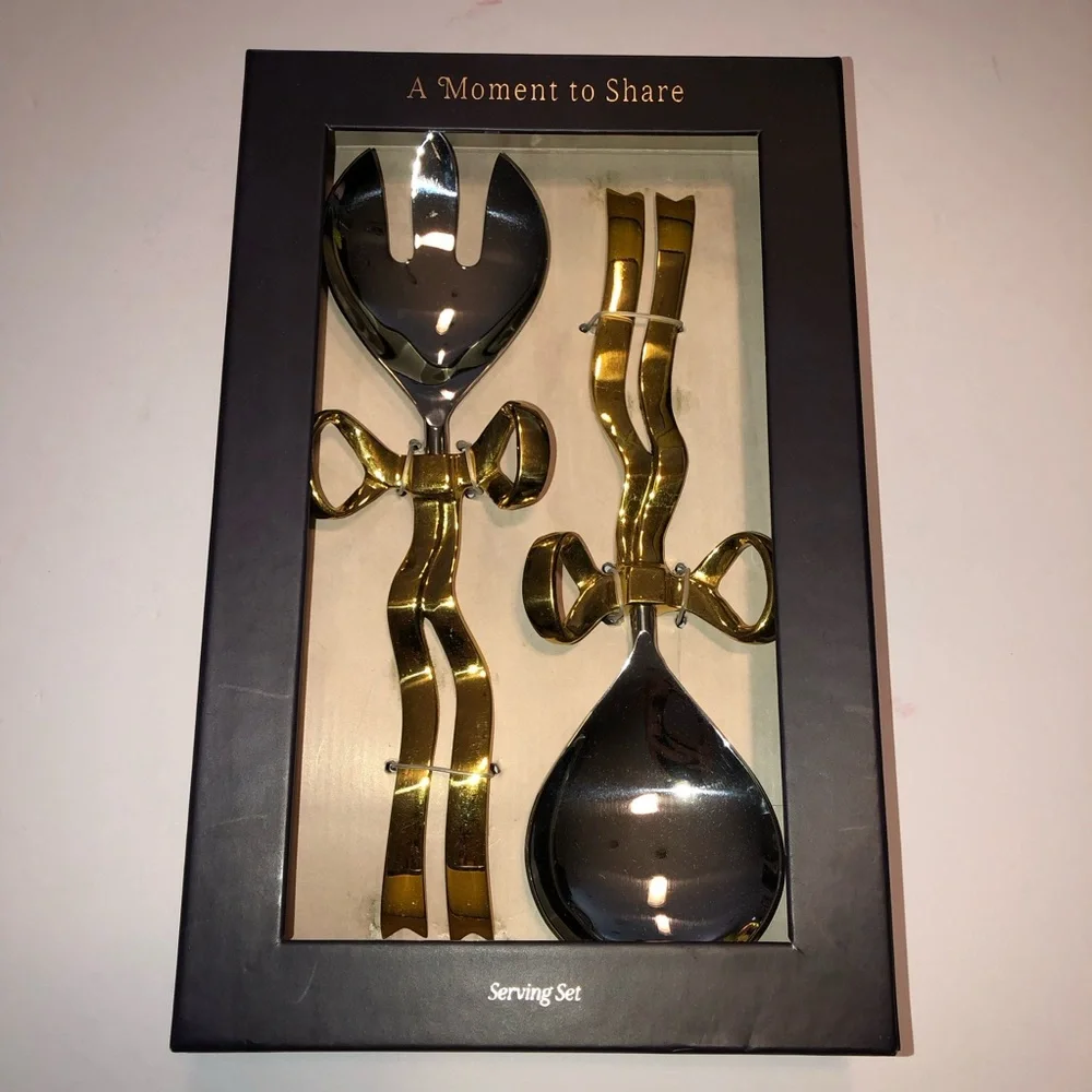 New Anthropologie Home Decor Benedita Stainless Steel Gold Bow Serve Set